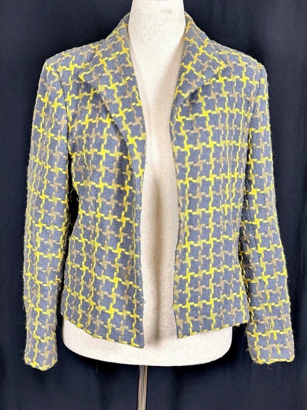harvé benard Women’s Geometric Wool Blend Blazer Size 14 Open Front houndstooth